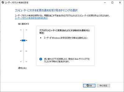 ユーザーアカウント制御の設定ウィンドウ