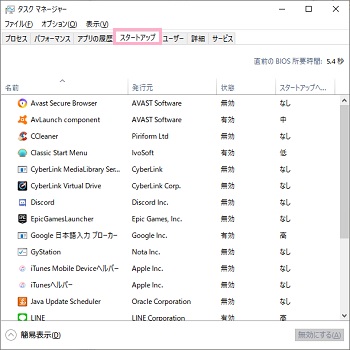 タスクマネージャーが開いたら「スタートアップ」タブをクリックして開き、スタートアッププログラムの項目一覧から「igfxpers.exe」を右クリックして「無効化」をクリック