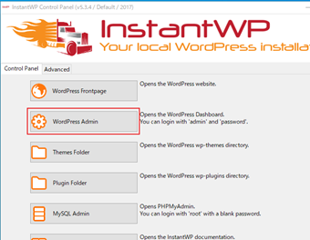 InstantWP管理画面の[Wordpress Admin]をクリック