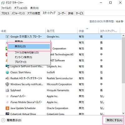 スタートアッププログラムの有効・無効の切り替えを行うには、切り替えたいプログラムを右クリックして「無効化（有効化）」をクリック
