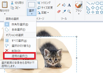 上のメニューの「ファイル」をクリックして「透明の選択」をクリック