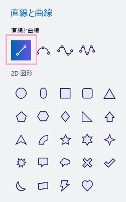 ウィンドウ右側に「直線と曲線」一覧が表示