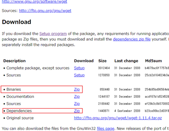 「Binaries」と「Dependencies」があるので、それぞれ右にある[zip]