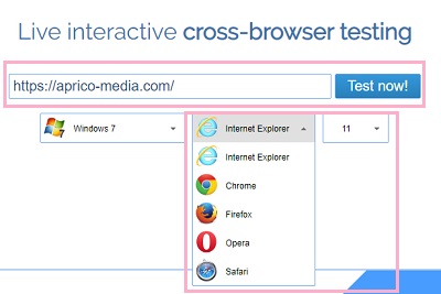 URL欄の下にあるブラウザ選択欄をクリックして確認したいブラウザ・バージョンを選択したら「Test now!」ボタンをクリック