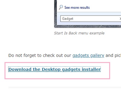 「Gadgets Revived」にアクセスし「Download the Desktop gadgets installer」をクリックして、インストーラーをダウンロード