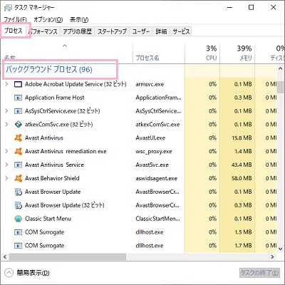 タスクマネージャーの「プロセス」タブの「アプリ」と「バックグラウンドプロセス」一覧