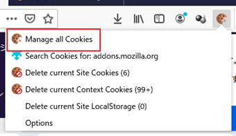 Cookie Quick Managerをインストール→クッキーアイコンをクリックし、[Manage all Cookies]を選択する
