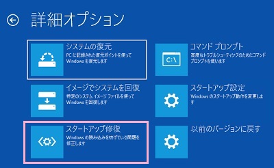 「スタートアップ修復」をクリック→「こんにちは、（アカウント名）さん」の画面でパスワードを入力して「続行」をクリック