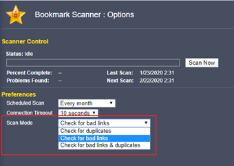 「Bookmark Scanner : Options」を開いたらScan Modeを[Check for bad links]に切り替える