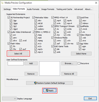 拡張子を設定するオプションの画面で[Sellect All]->[Apply]の順番でクリック