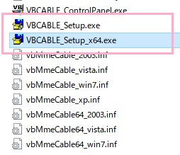 フォルダ内にある「VBCABLE_Setup_x64.exe（32bitPCの場合はx64でない方）」を右クリックして、「管理者として実行」から開く
