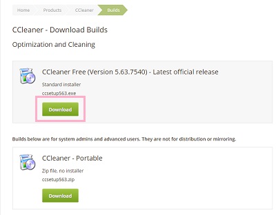 「CCleaner Free」の「Download」ボタンをクリックしてインストーラーをダウンロード