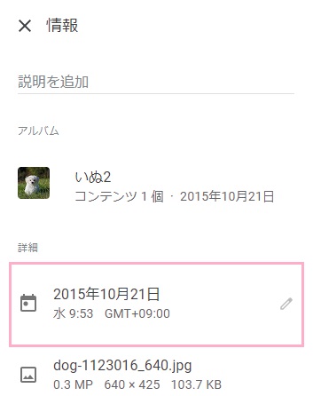 情報メニューの「詳細」項目の撮影日をクリック
