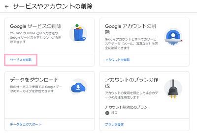データとカスタマイズ一覧から「サービスやアカウントの削除」項目の「Googleサービスの削除」→「サービスを削除」をクリック