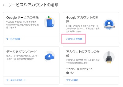 メニューの「データとカスタマイズ」をクリック→「サービスやアカウントの削除」項目の「Googleサービスの削除」→「サービスを削除」をクリック