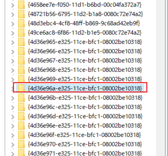 レジストリエディタの「HKEY_LOCAL_MACHINESYSTEMCurrentControlSetControlClass{4D36E96A-E325-11CE-BFC1-08002BE10318}」を開く