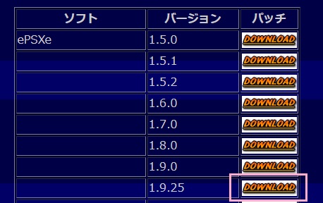 「ePSXe」の「バージョン1.9.25」のダウンロードボタンをクリック