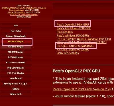 「PSX GPU Plugins」から「Pete's OpenGL2 PSX GPU」と「P.E.Op.S. Soft GPU (Windows)」の2つをダウンロード