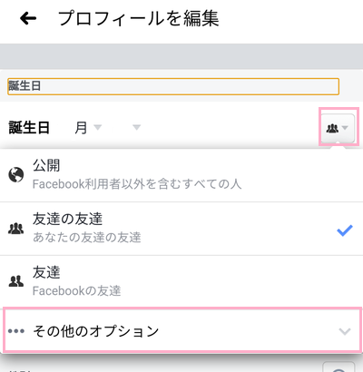 「プロフィールを編集」画面の公開範囲の編集ボタン→「その他のオプション」をタップ
