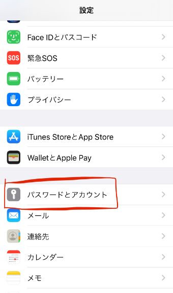 iPhoneの設定アプリを開き、『パスワードとアカウント』をタップ