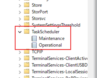 フォルダツリー[アプリケーションとサービスログ]->[Microsoft]->[Windows]->[TaskScheduler]をクリック