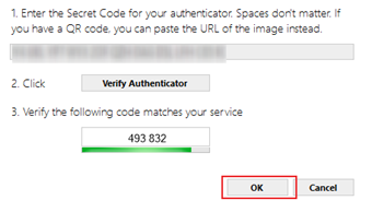 二段階認証設定用QRコードと一緒に表示されるパスフレーズを入力し、[Verify Authenticator]をクリック
