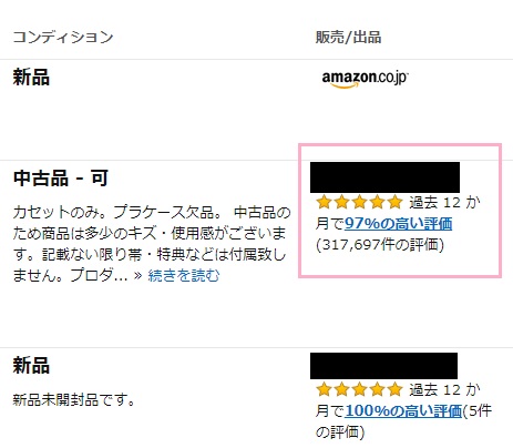 Amazonの出品者の過去の取り引きでの評価