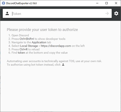 DiscordChatExporter.exeのウィンドウ
