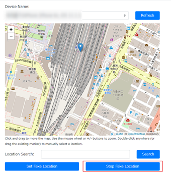 iPhoneをパソコンに接続した状態で[Stop Fake Location]をクリックして偽装した位置情報を元に戻す