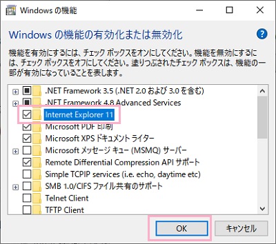 Internet Explorer 11」のチェックボックスをオンにして「OK」をクリック