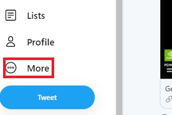 パソコンでTwitterを開き左のメニューの「More」をクリック