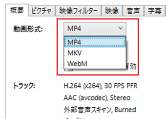 動画形式をエンコード設定概要の「動画形式」から選択する