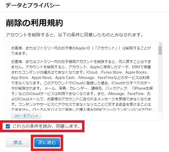 「これらの条件を読み、同意します。」にチェックを入れ「次に進む」をクリック
