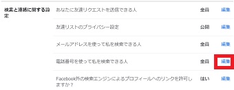 「電話番号を使って私を検索できる人」の左にある「編集」をクリック