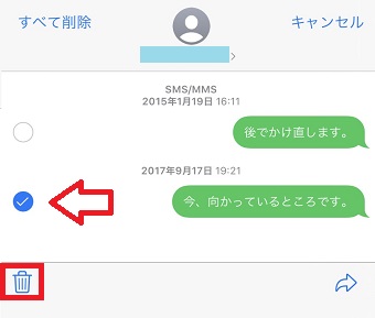 消したいメッセージの横にチェックを入れ左下のゴミ箱のマークをタップ