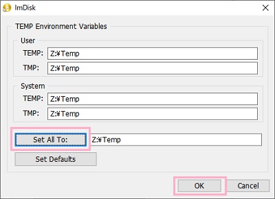 作成するRAMディスクのパスを入力して「Set All To」ボタンをクリック→OKをクリック