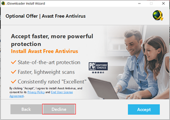 jDownloader2に付属している広告プログラムをインストールするか選択する