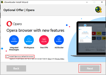 Operaブラウザの広告で[Install Opera as default browser]のチェックを外して[NEXT]を押す