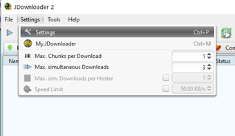 jDownloader2のメニュー[Settings]->[Settings]をクリック