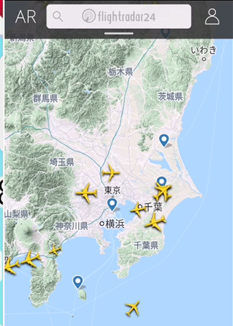アプリ版Flightradar24のマップ