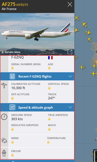 PC版で航空機をクリックした後に表示されるフライト情報をスクロールして詳細を確認