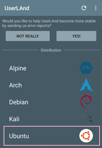 UserLAndを起動→LinuxOSを選択