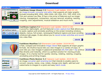 FastStone Image Viewer公式サイトのダウンロードページにアクセスし、ダウンロードボタンをクリック