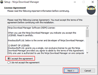 インストーラを起動→利用規約の同意画面で[I accept the agreement]を選択して[Next]を押す