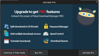 [Continue in Free mode]をクリック