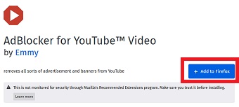 「AdBlocker for YouTube」のインストールページの「+Add to Firefox」をクリック