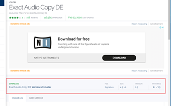 FOSSHUBにアクセスしたら「Exact Audio Copy DE Windows Installer」をクリック