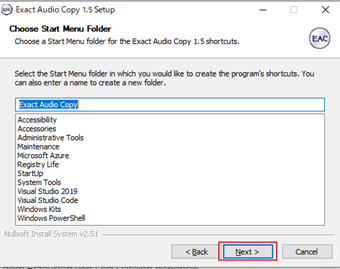 スタートメニューフォルダを設定せず「Next」をクリック
