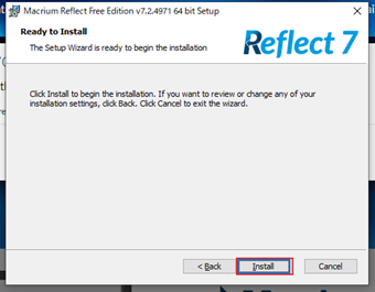 最後に[Install]をクリックしてMacrium Reflect Free Editionをインストール