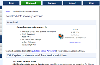 Zero Assumption Recovery公式サイトのダウンロードページの「Zar X」の"zarXsetup.exe"をクリック